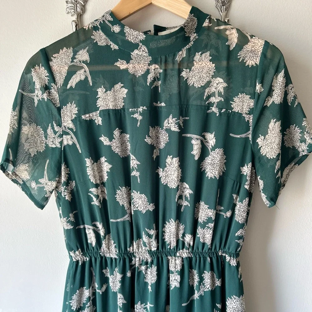 LULU’S Green White Floral Midi Dress | Sheer Sleeve | Mock Neck | Fit Flowy Glam - Picture 4 of 12